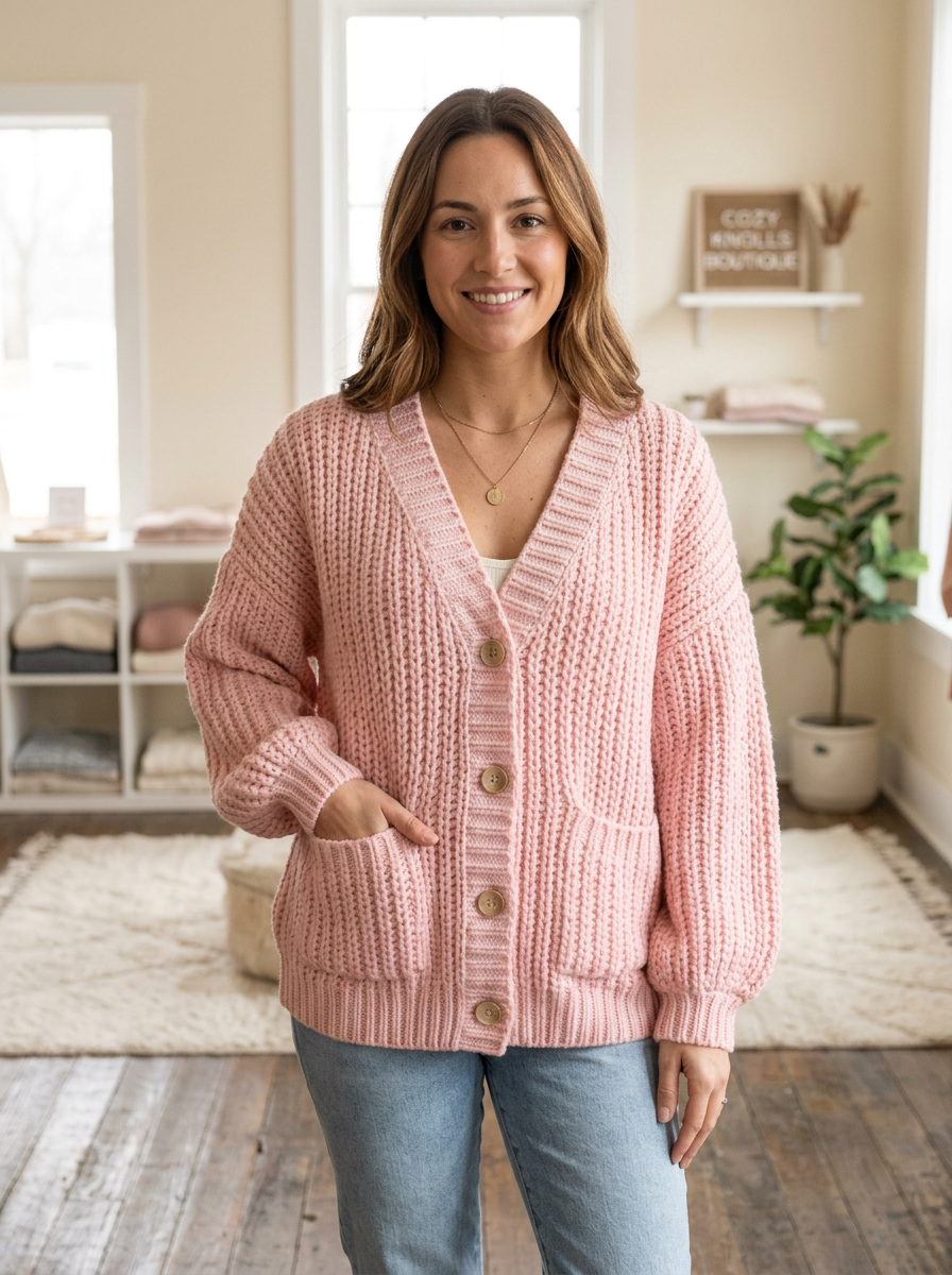 Gilet grosse maille Rose Poudré
